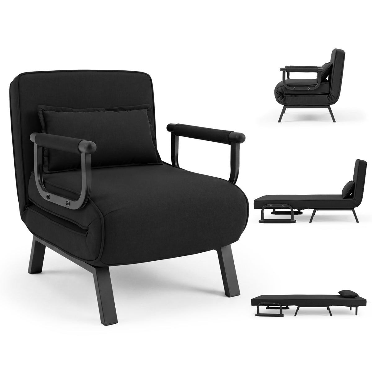 Folding 6 Position Convertible Sleeper Bed Armchair Lounge Couch with Pillow-Black