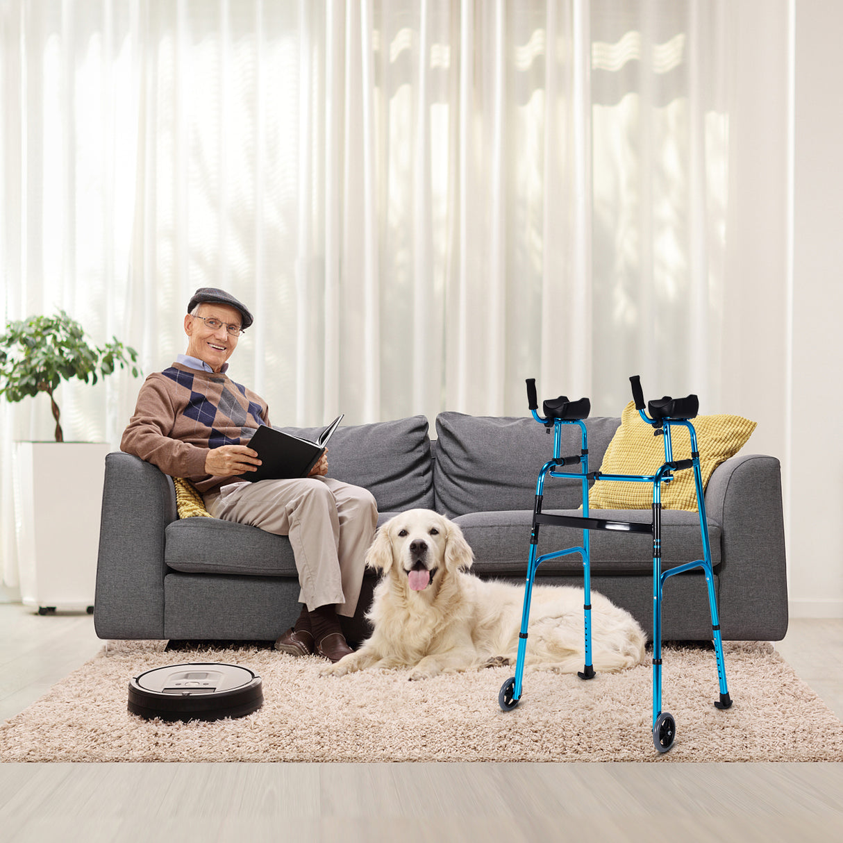 Folding Height Adjustable Walking Frame with Armrest Support-Silver
