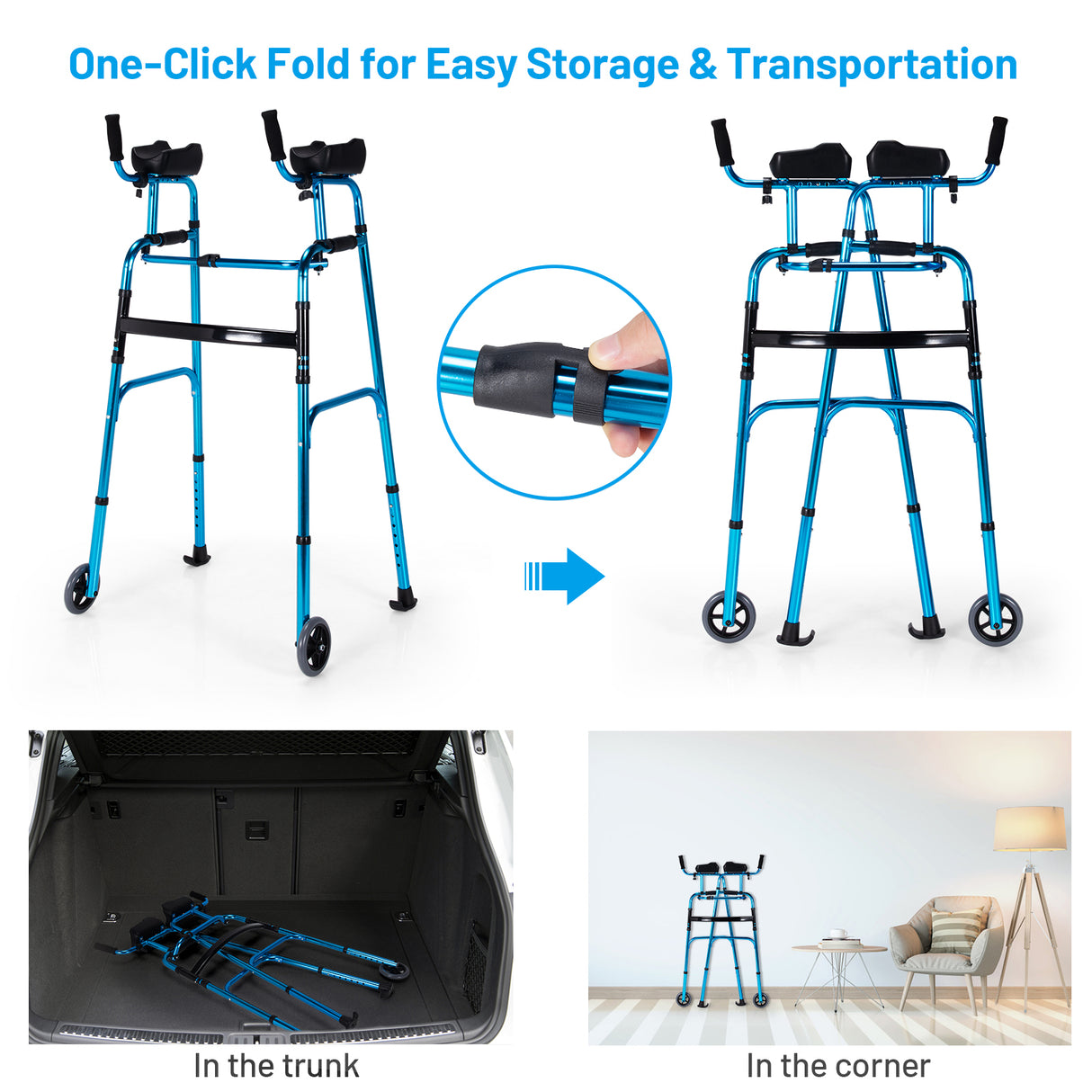 Folding Height Adjustable Walking Frame with Armrest Support-Silver