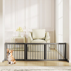 Folding Adjustable Free Standing 3 Panel Wood Fence for Dogs-Gray