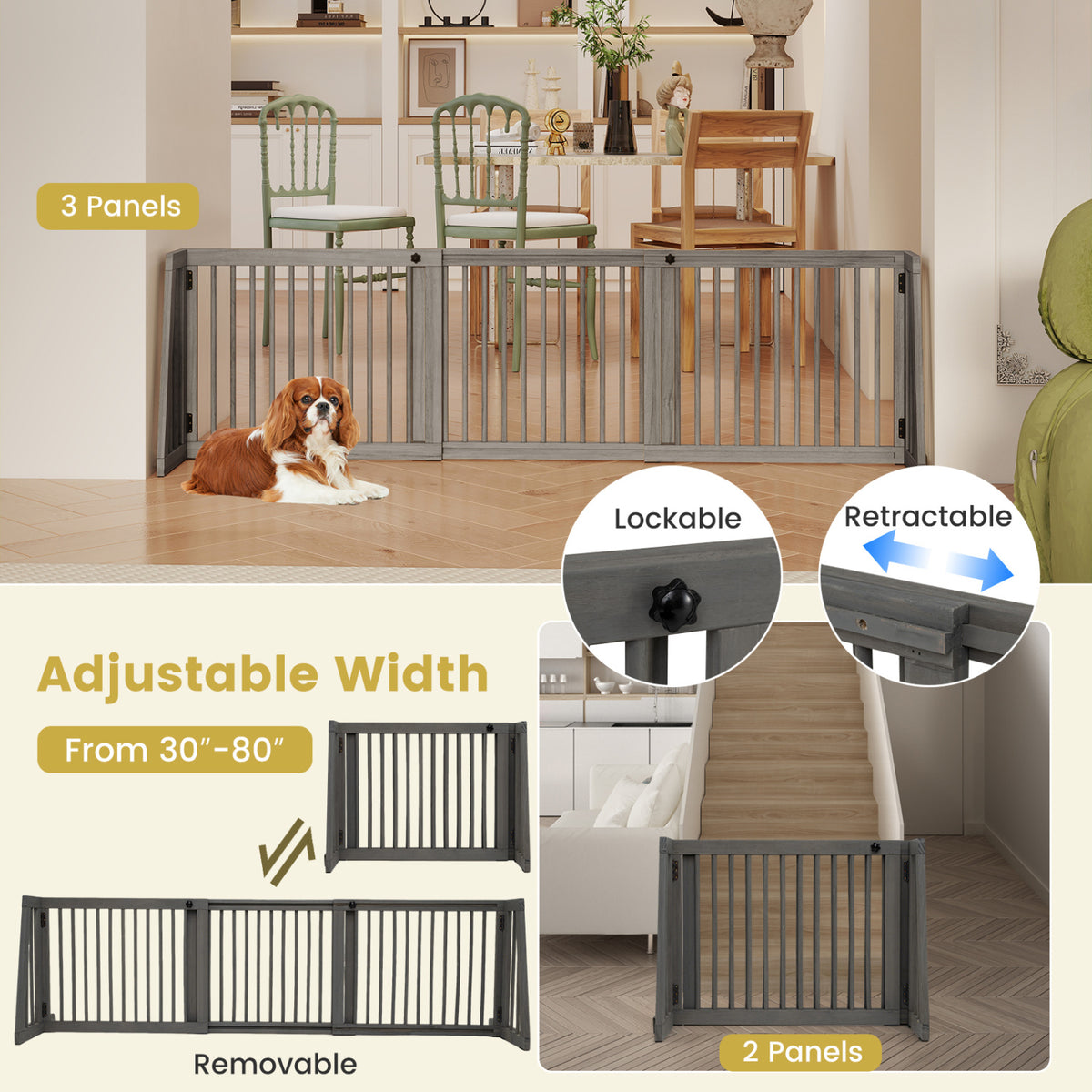 Folding Adjustable Free Standing 3 Panel Wood Fence for Dogs-Gray