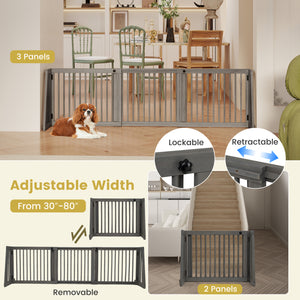 Folding Adjustable Free Standing 3 Panel Wood Fence for Dogs-Gray