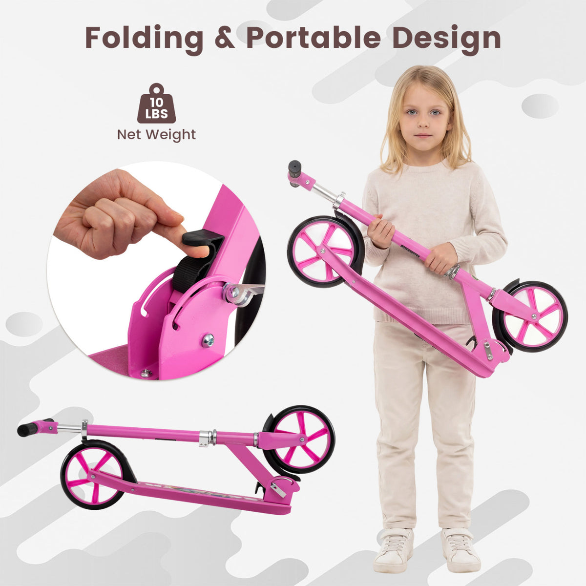 Folding Aluminum Alloy Scooter with 3 Adjustable Heights-Pink