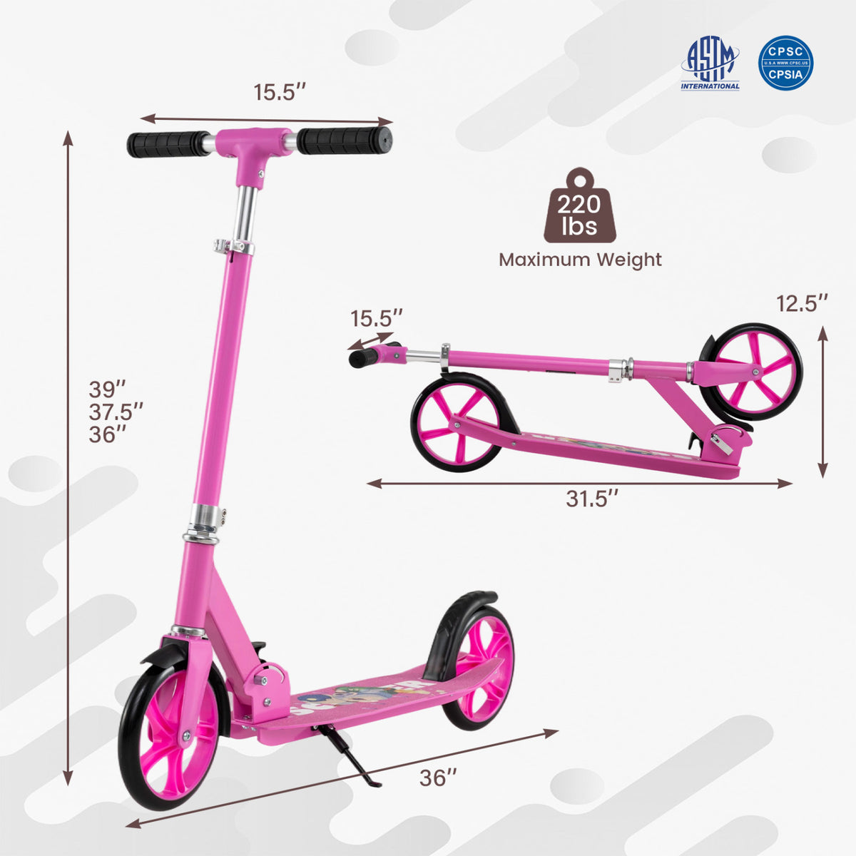 Folding Aluminum Alloy Scooter with 3 Adjustable Heights-Pink