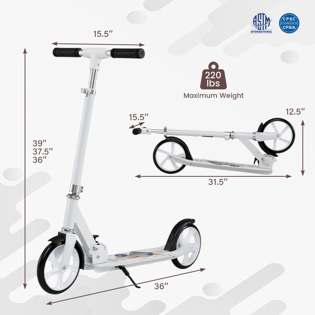 Folding Aluminum Alloy Scooter with 3 Adjustable Heights-White