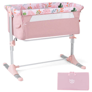 Folding Baby Bassinet Bedside Sleeper with 4 Adjustable Heights-Pink