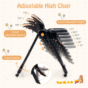 Folding Baby Dining High Chair with Adjustable Height and Recline-Black