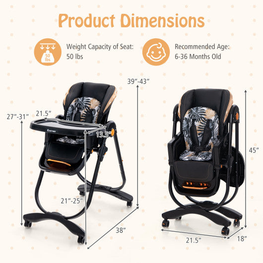 Folding Baby Dining High Chair with Adjustable Height and Recline-Black