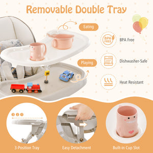 Folding Baby Dining High Chair with Adjustable Height and Recline-Gray