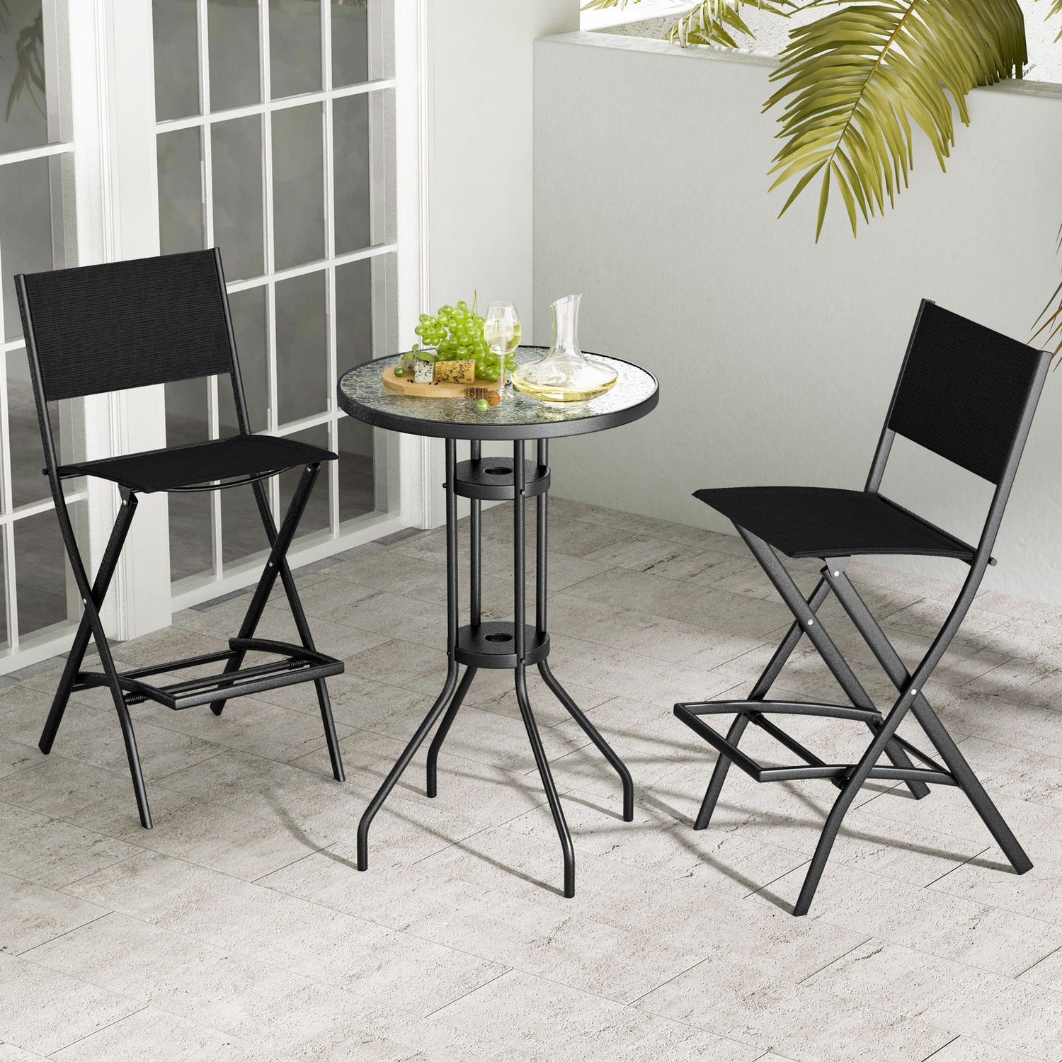 Folding Bar Stools Set of 2 Backrest Humanized Footrest-Black