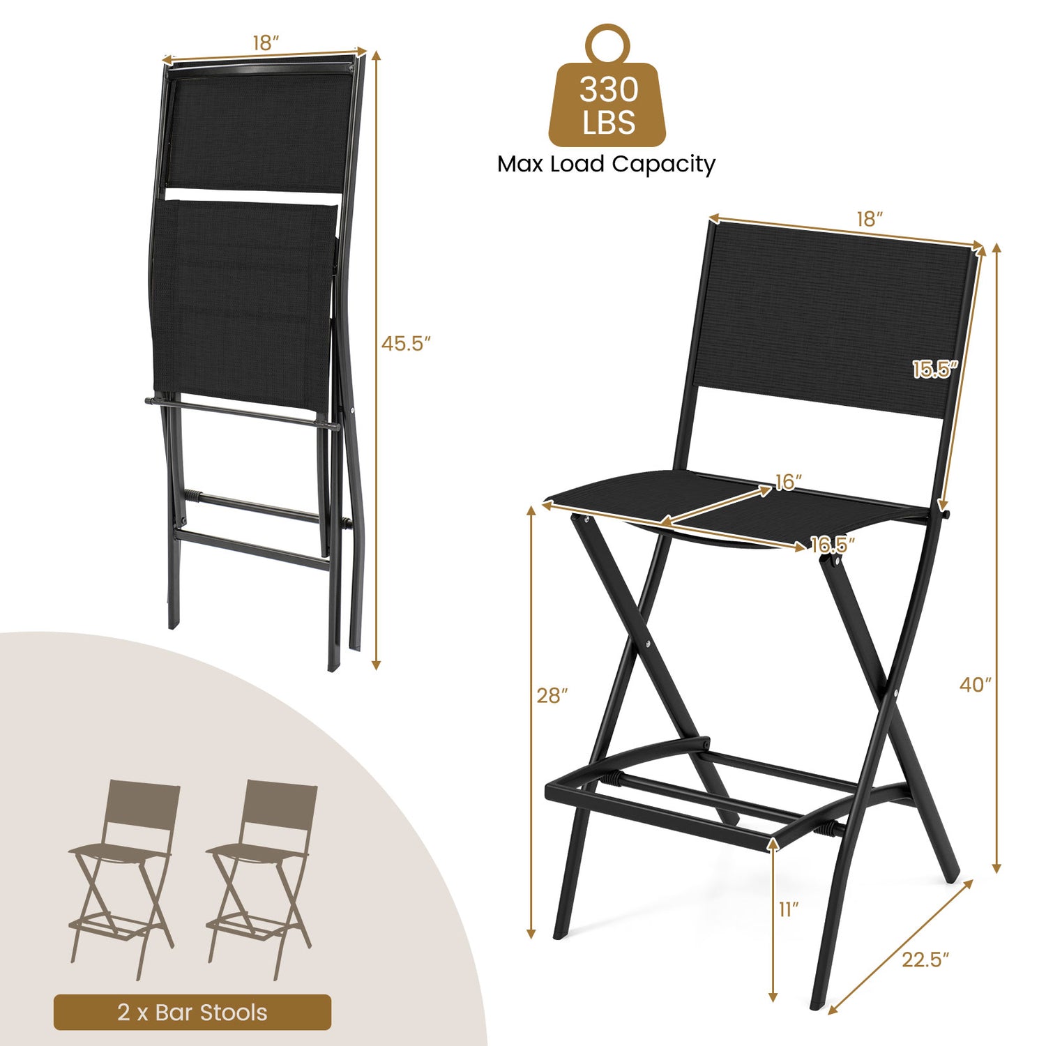 Folding Bar Stools Set of 2 Backrest Humanized Footrest-Black