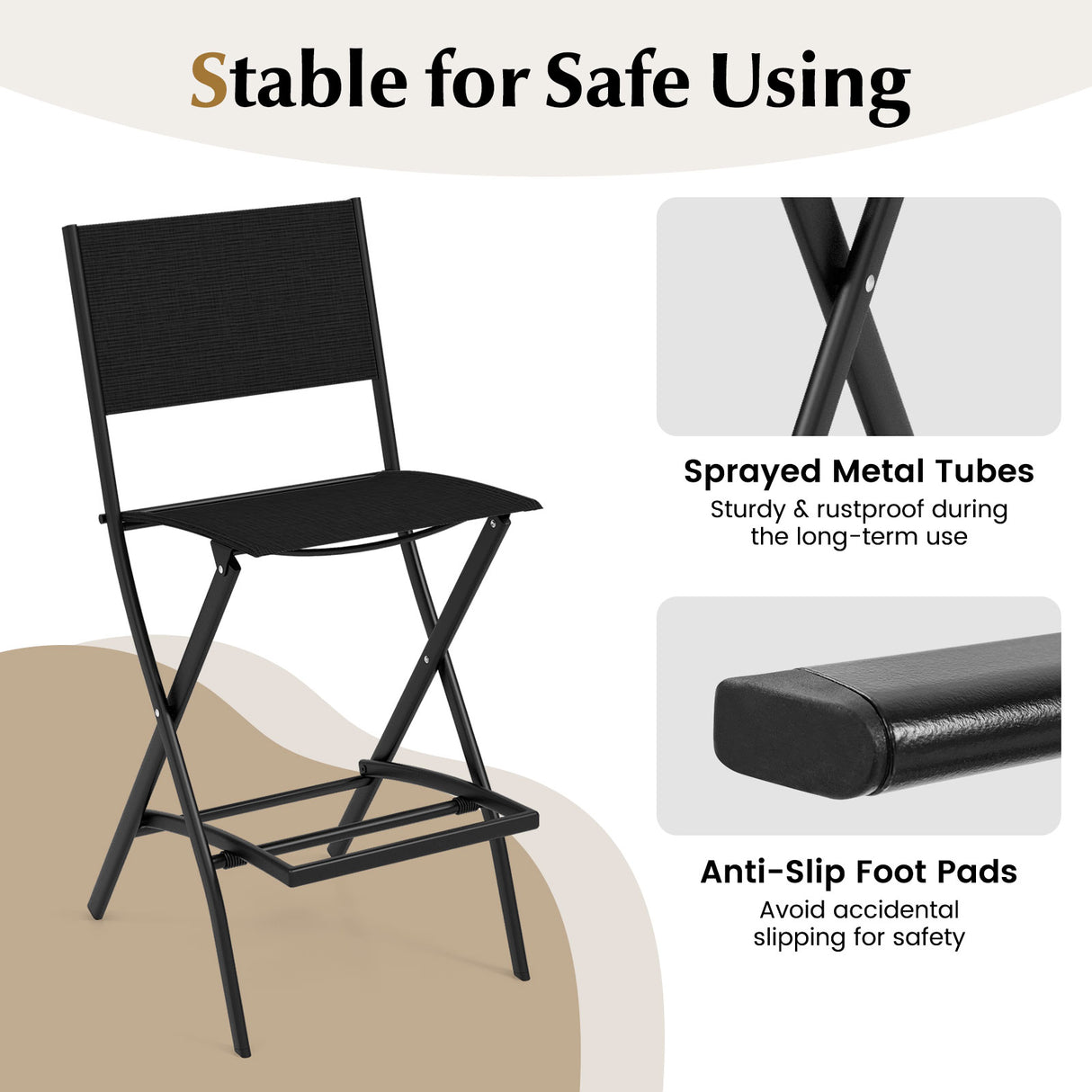 Folding Bar Stools Set of 2 Backrest Humanized Footrest-Black