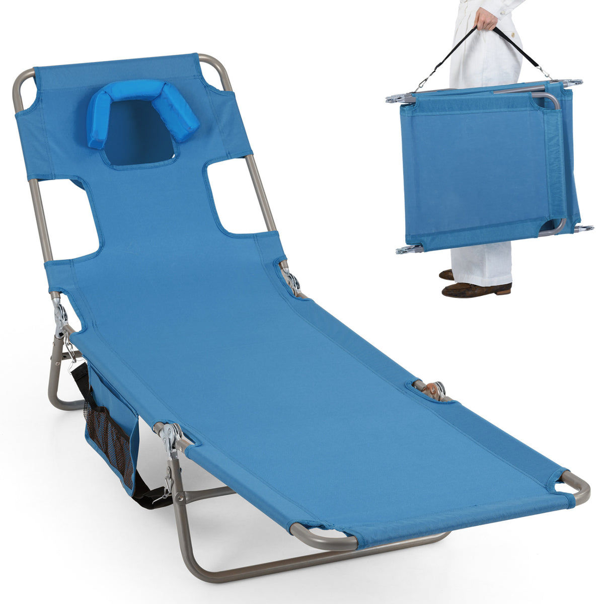 Folding Beach Lounge Chair with Adjustable Backrest for Lawn-Blue