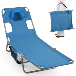 Folding Beach Lounge Chair with Adjustable Backrest for Lawn-Blue
