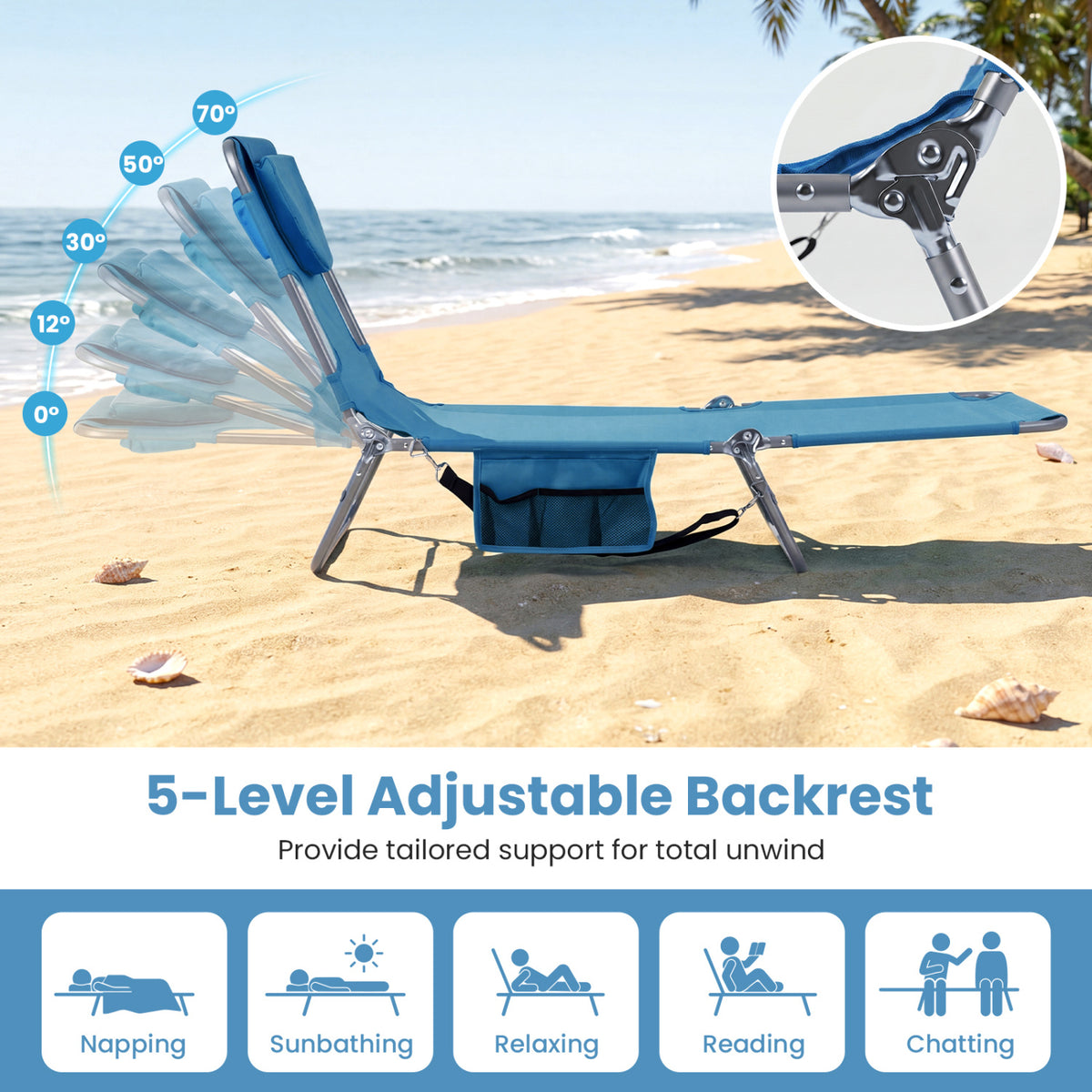 Folding Beach Lounge Chair with Adjustable Backrest for Lawn-Blue