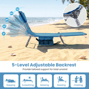 Folding Beach Lounge Chair with Adjustable Backrest for Lawn-Blue
