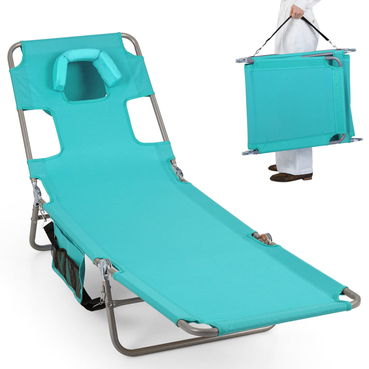 Folding Beach Lounge Chair with Adjustable Backrest for Lawn-Light Green