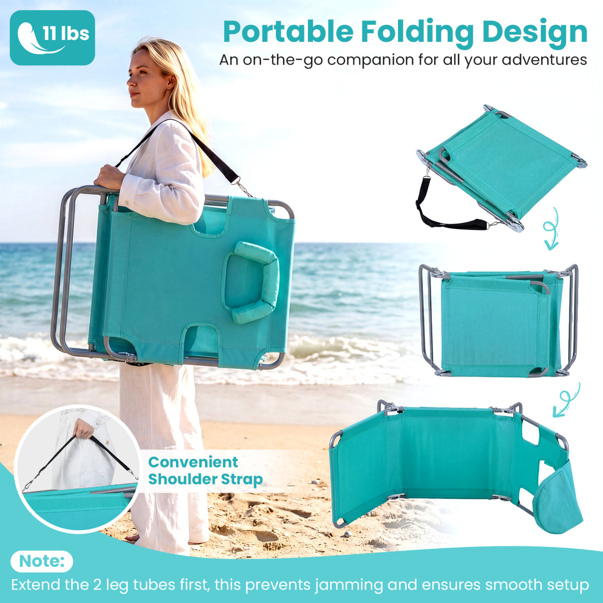 Folding Beach Lounge Chair with Adjustable Backrest for Lawn-Light Green