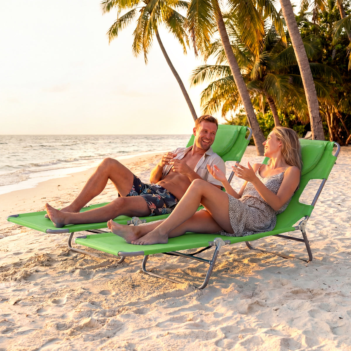 Folding Beach Lounge Chair with Adjustable Backrest for Lawn-Green