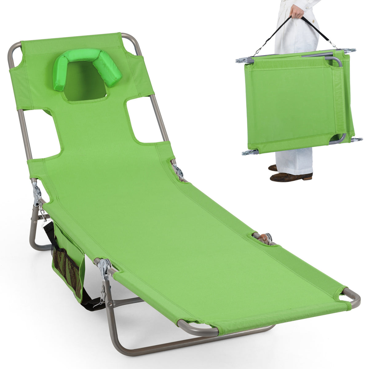 Folding Beach Lounge Chair with Adjustable Backrest for Lawn-Green
