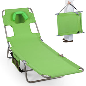 Folding Beach Lounge Chair with Adjustable Backrest for Lawn-Green