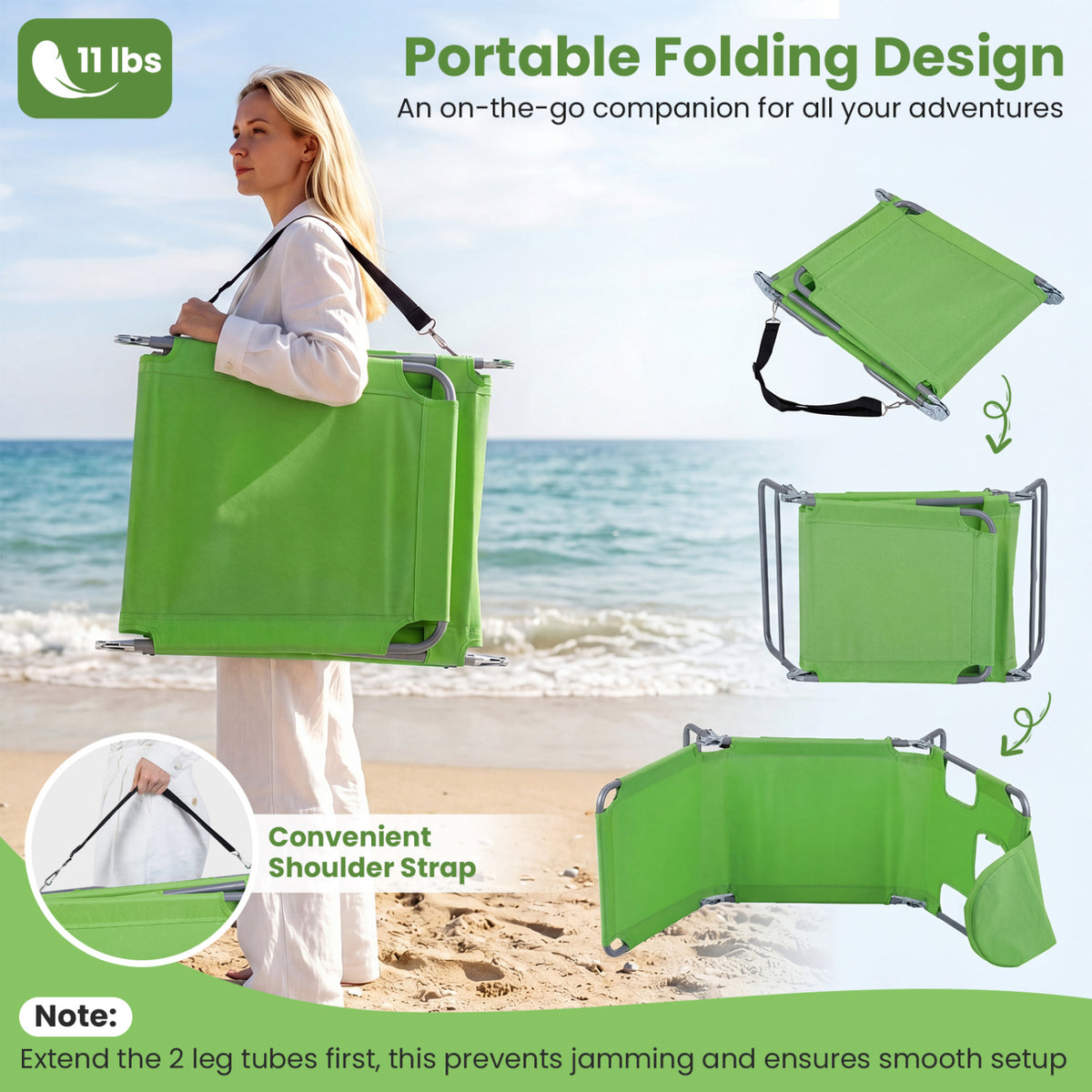 Folding Beach Lounge Chair with Adjustable Backrest for Lawn-Green