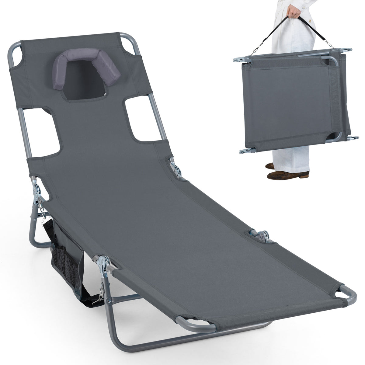 Folding Beach Lounge Chair with Adjustable Backrest for Lawn-Gray