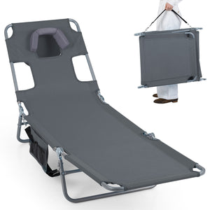 Folding Beach Lounge Chair with Adjustable Backrest for Lawn-Gray
