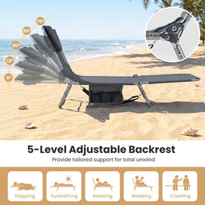 Folding Beach Lounge Chair with Adjustable Backrest for Lawn-Gray
