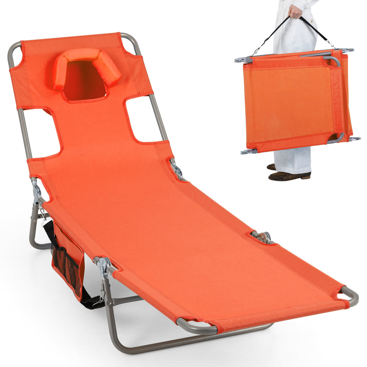 Folding Beach Lounge Chair with Adjustable Backrest for Lawn-Orange