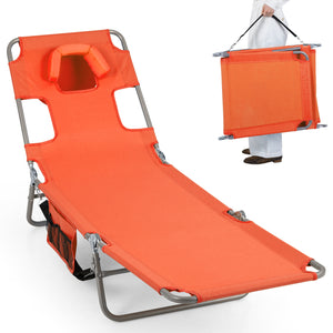 Folding Beach Lounge Chair with Adjustable Backrest for Lawn-Orange
