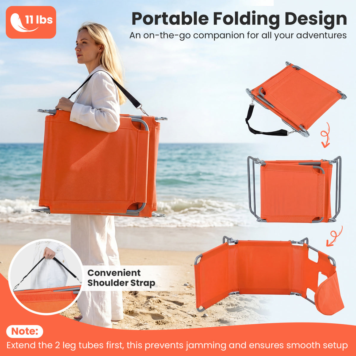 Folding Beach Lounge Chair with Adjustable Backrest for Lawn-Orange
