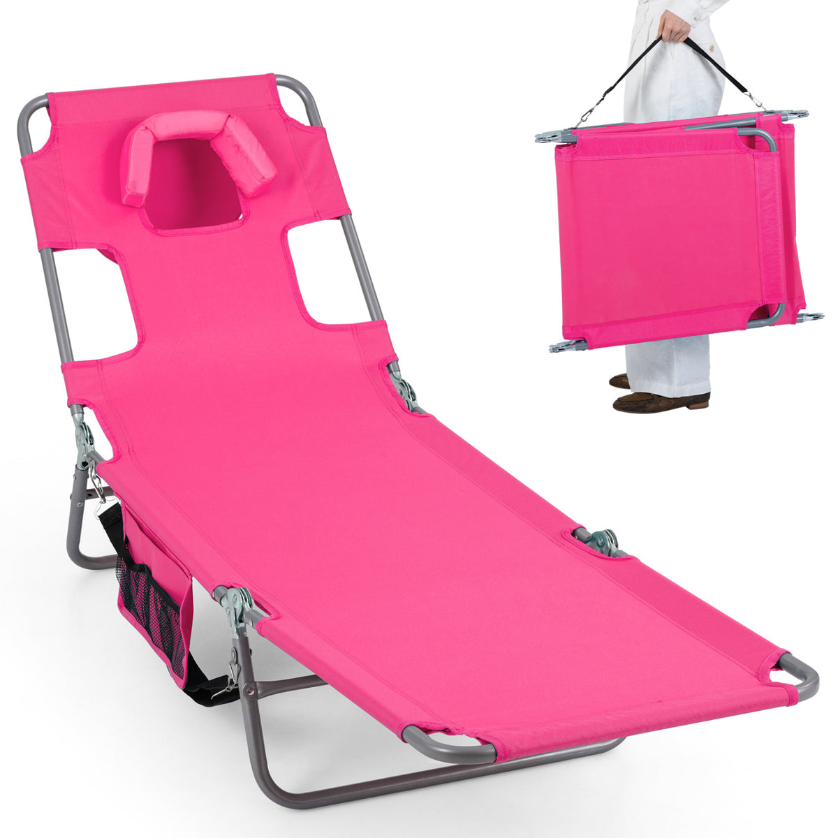 Folding Beach Lounge Chair with Adjustable Backrest for Lawn-Pink