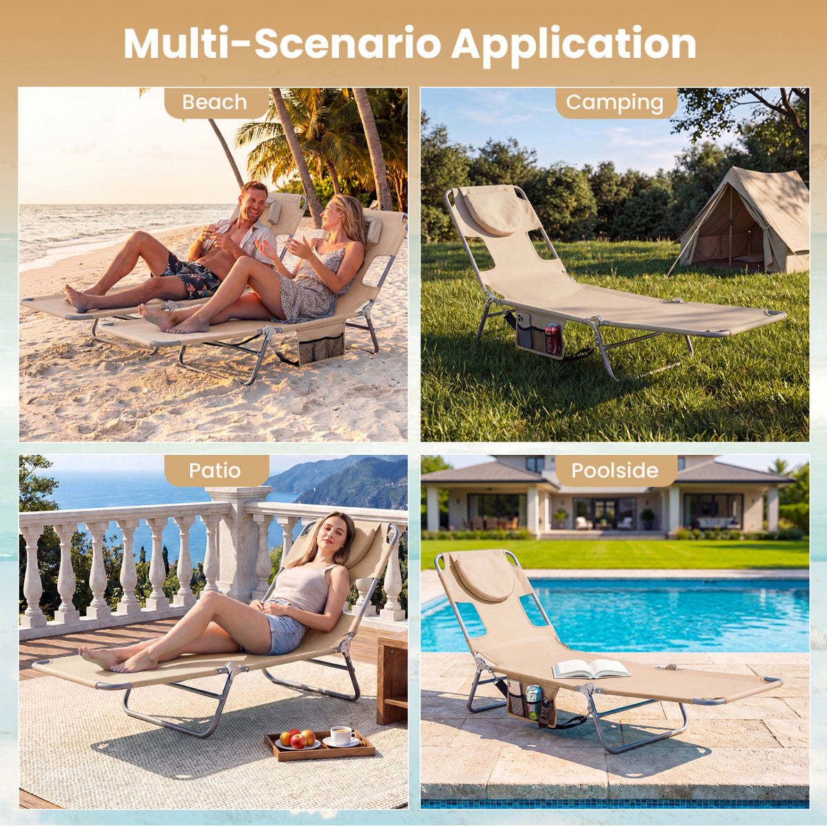 Folding Beach Lounge Chair with Adjustable Backrest for Lawn-Beige