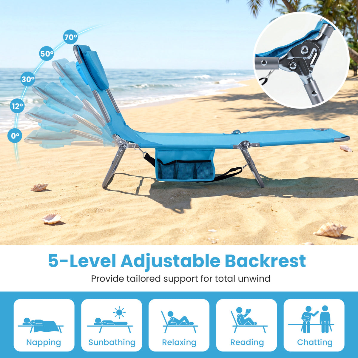 Folding Beach Lounge Chair with Adjustable Backrest for Lawn-Turquoise
