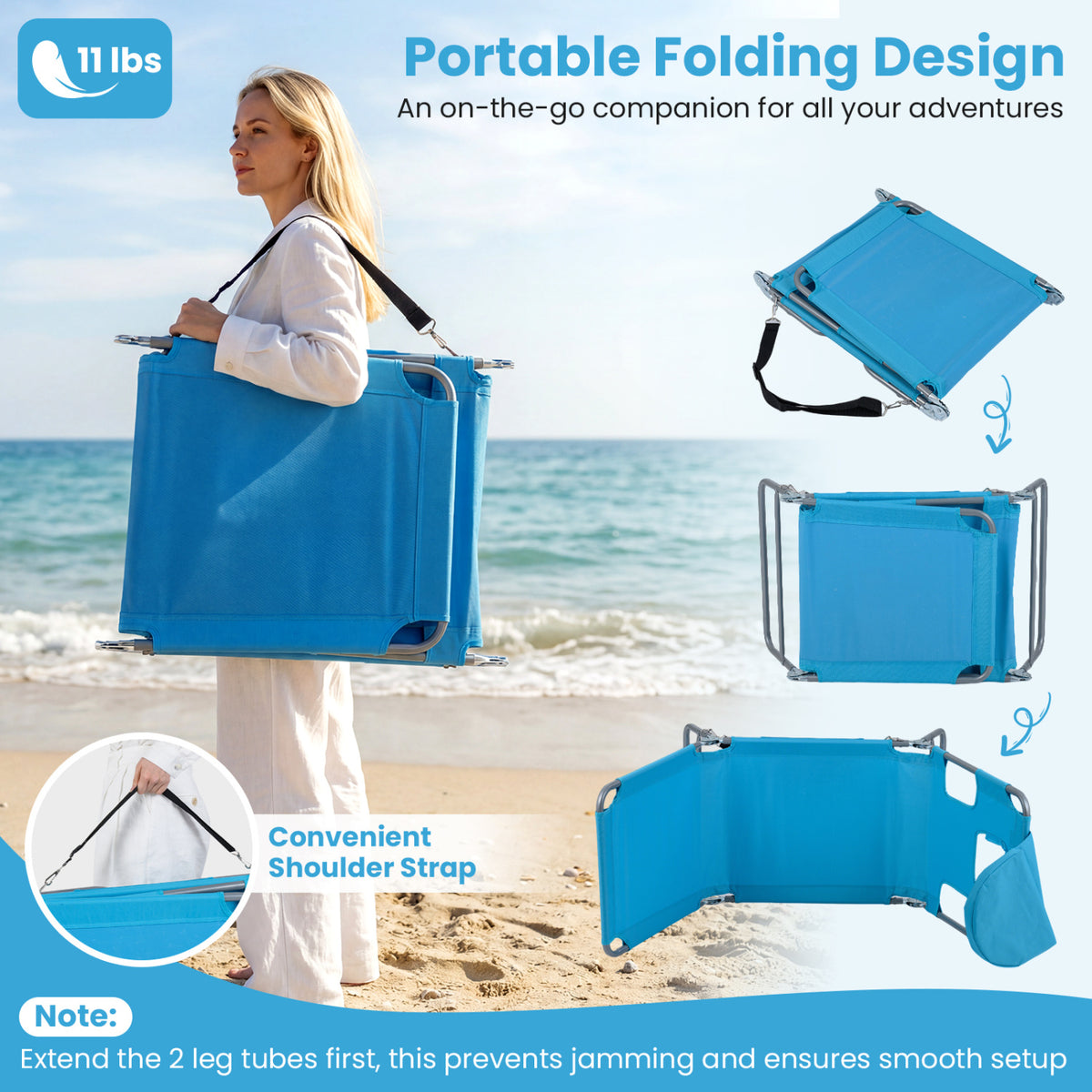 Folding Beach Lounge Chair with Adjustable Backrest for Lawn-Turquoise