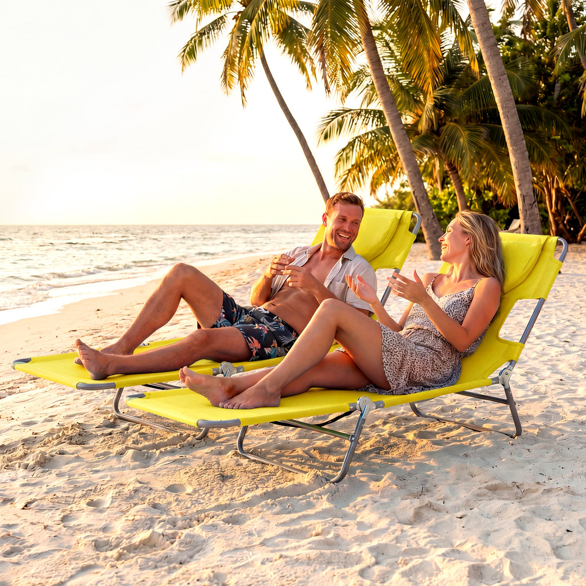 Folding Beach Lounge Chair with Adjustable Backrest for Lawn-Yellow