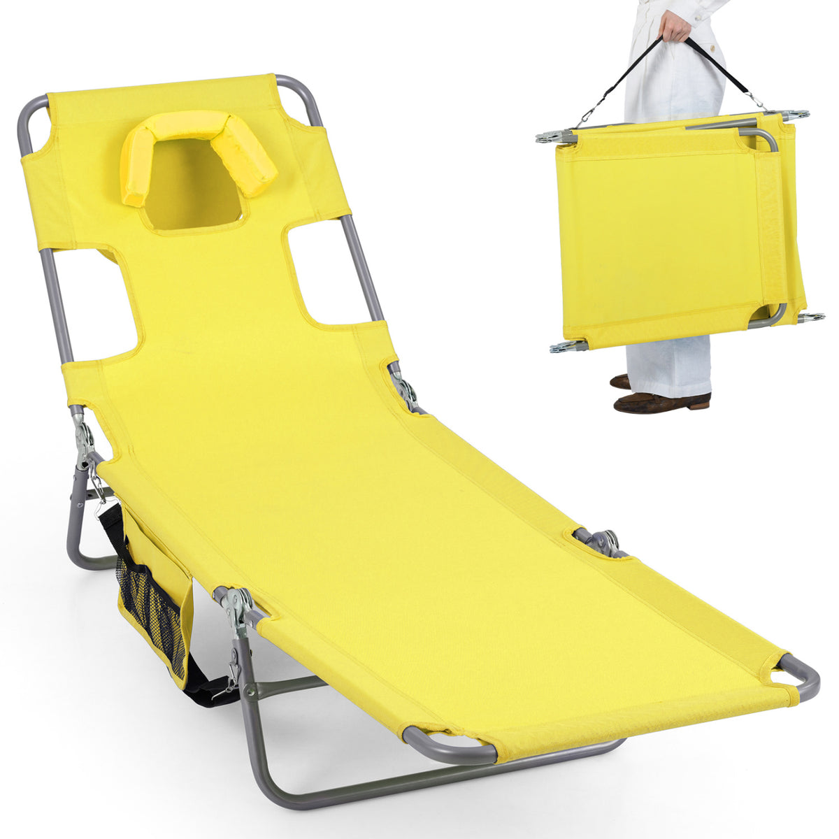 Folding Beach Lounge Chair with Adjustable Backrest for Lawn-Yellow