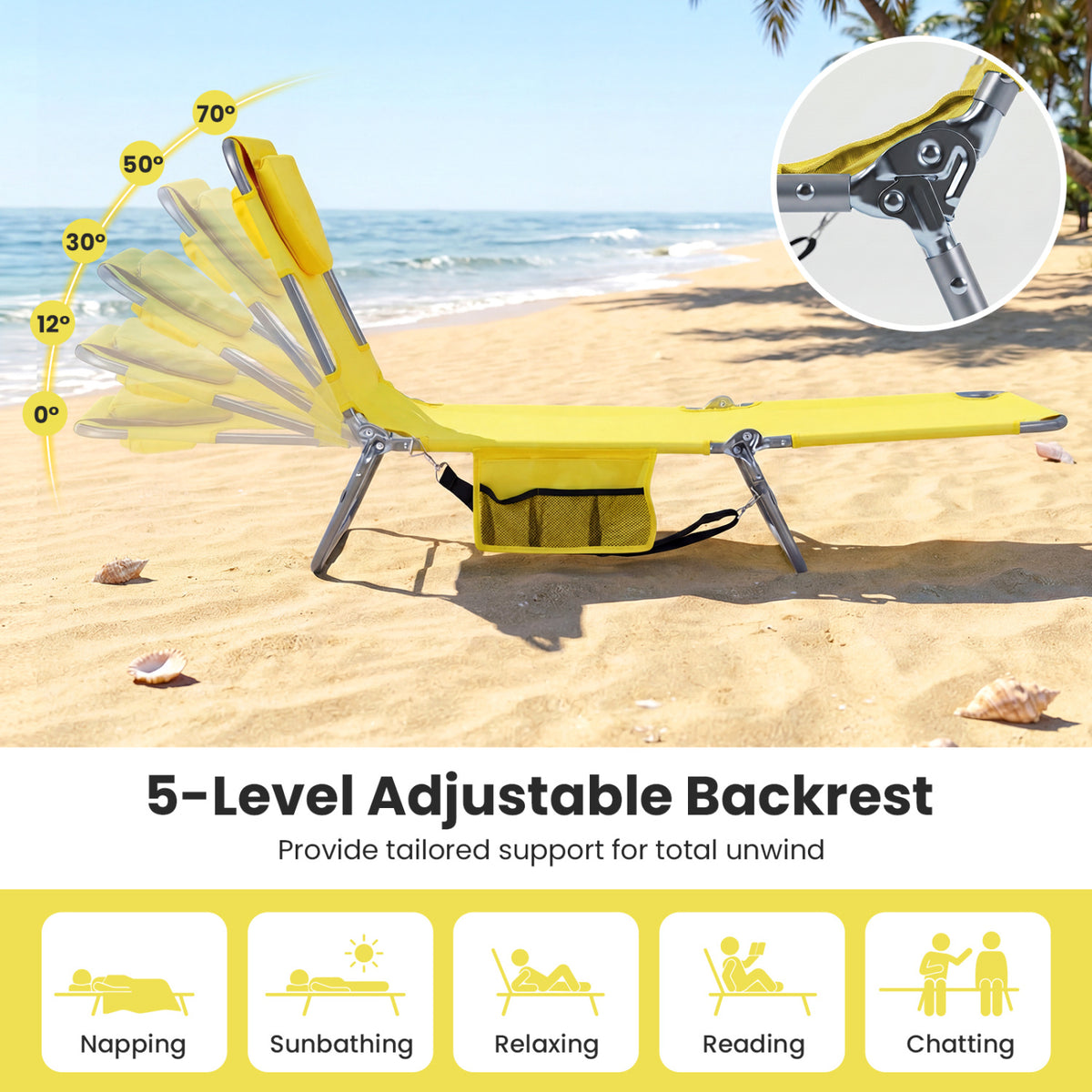 Folding Beach Lounge Chair with Adjustable Backrest for Lawn-Yellow