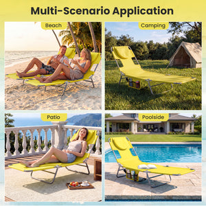 Folding Beach Lounge Chair with Adjustable Backrest for Lawn-Yellow