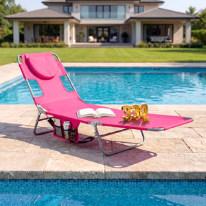 Folding Beach Lounge Chair with Adjustable Backrest for Lawn-Pink