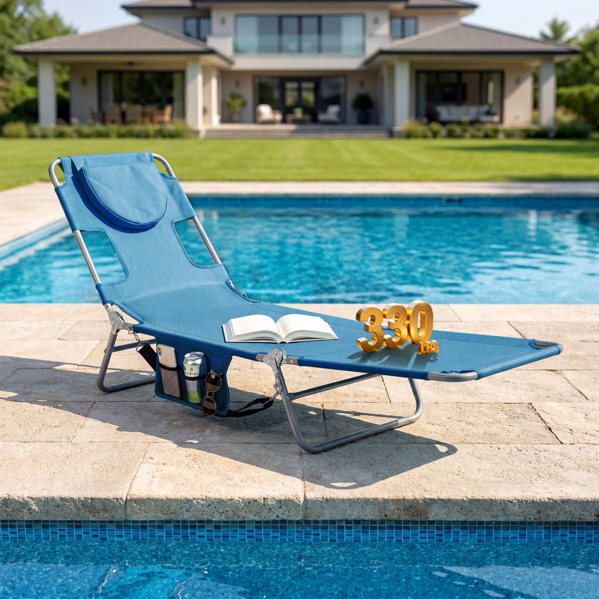 Folding Beach Lounge Chair with Adjustable Backrest for Lawn-Blue