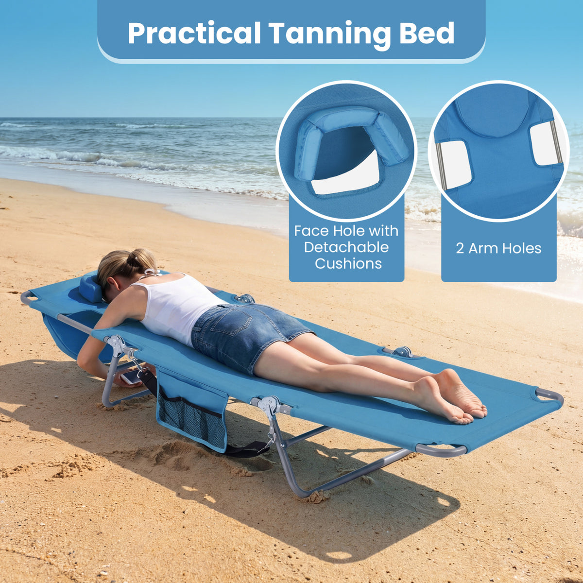 Folding Beach Lounge Chair with Adjustable Backrest for Lawn-Blue