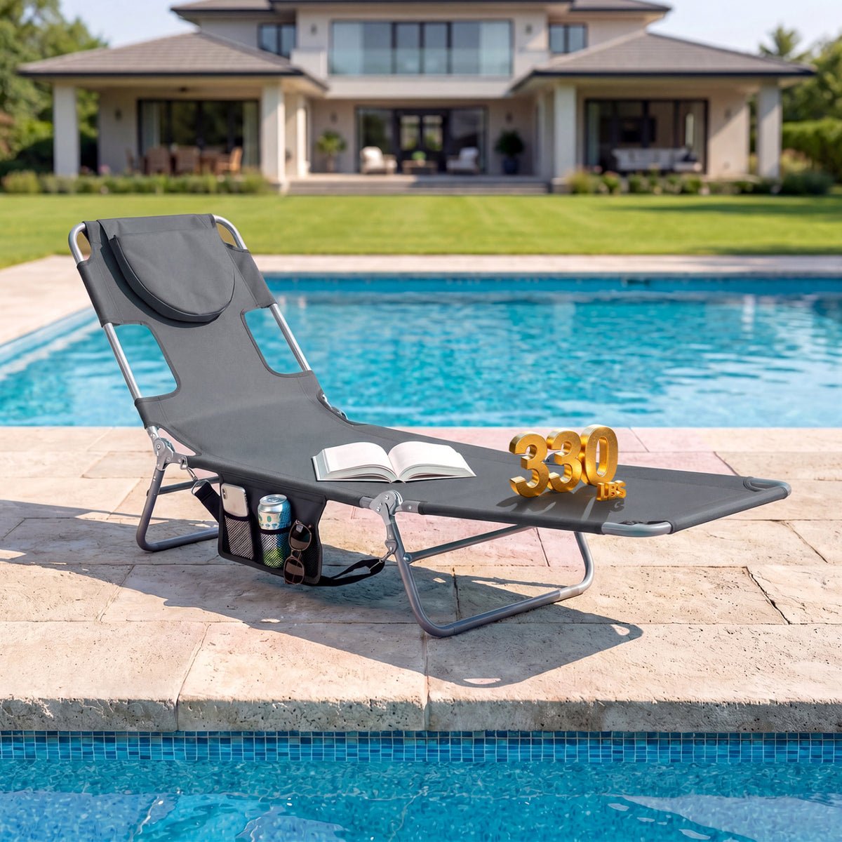 Folding Beach Lounge Chair with Adjustable Backrest for Lawn-Gray