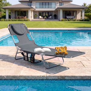 Folding Beach Lounge Chair with Adjustable Backrest for Lawn-Gray