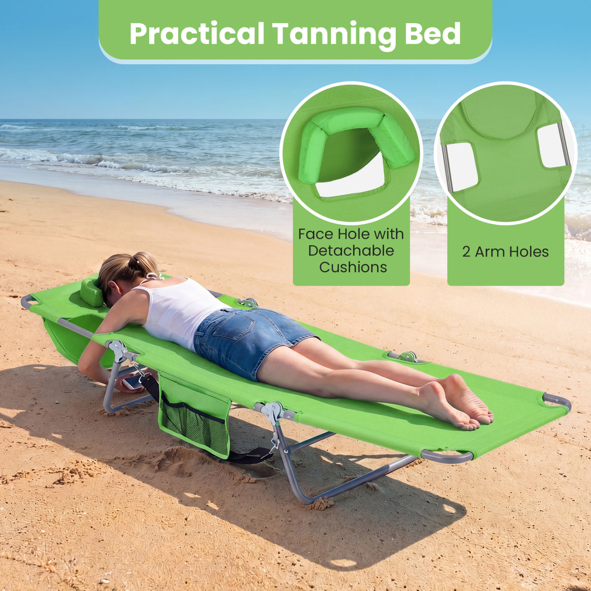 Folding Beach Lounge Chair with Adjustable Backrest for Lawn-Green
