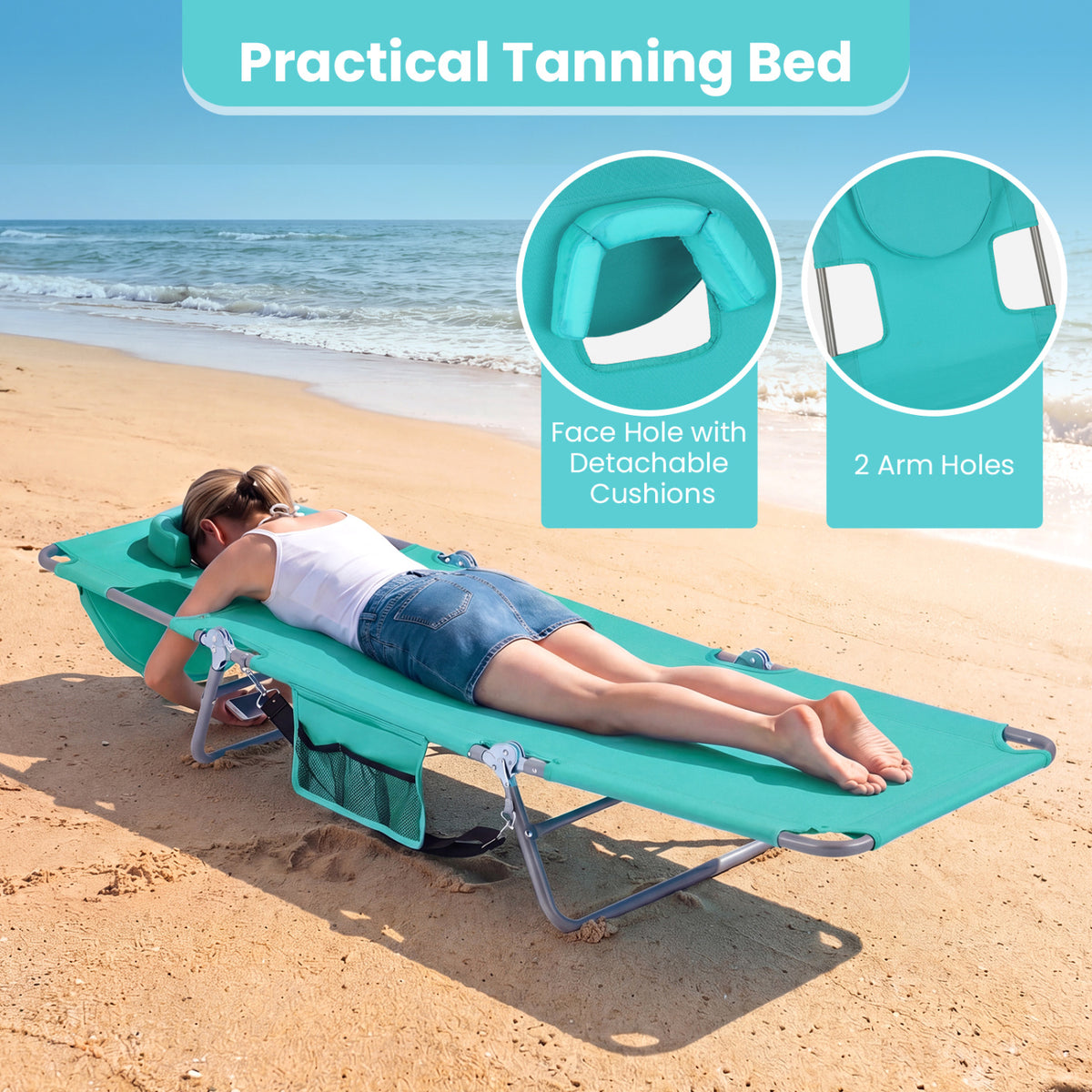 Folding Beach Lounge Chair with Adjustable Backrest for Lawn-Light Green