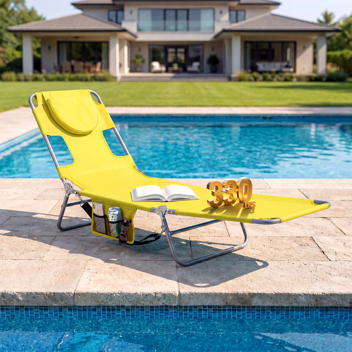 Folding Beach Lounge Chair with Adjustable Backrest for Lawn-Yellow