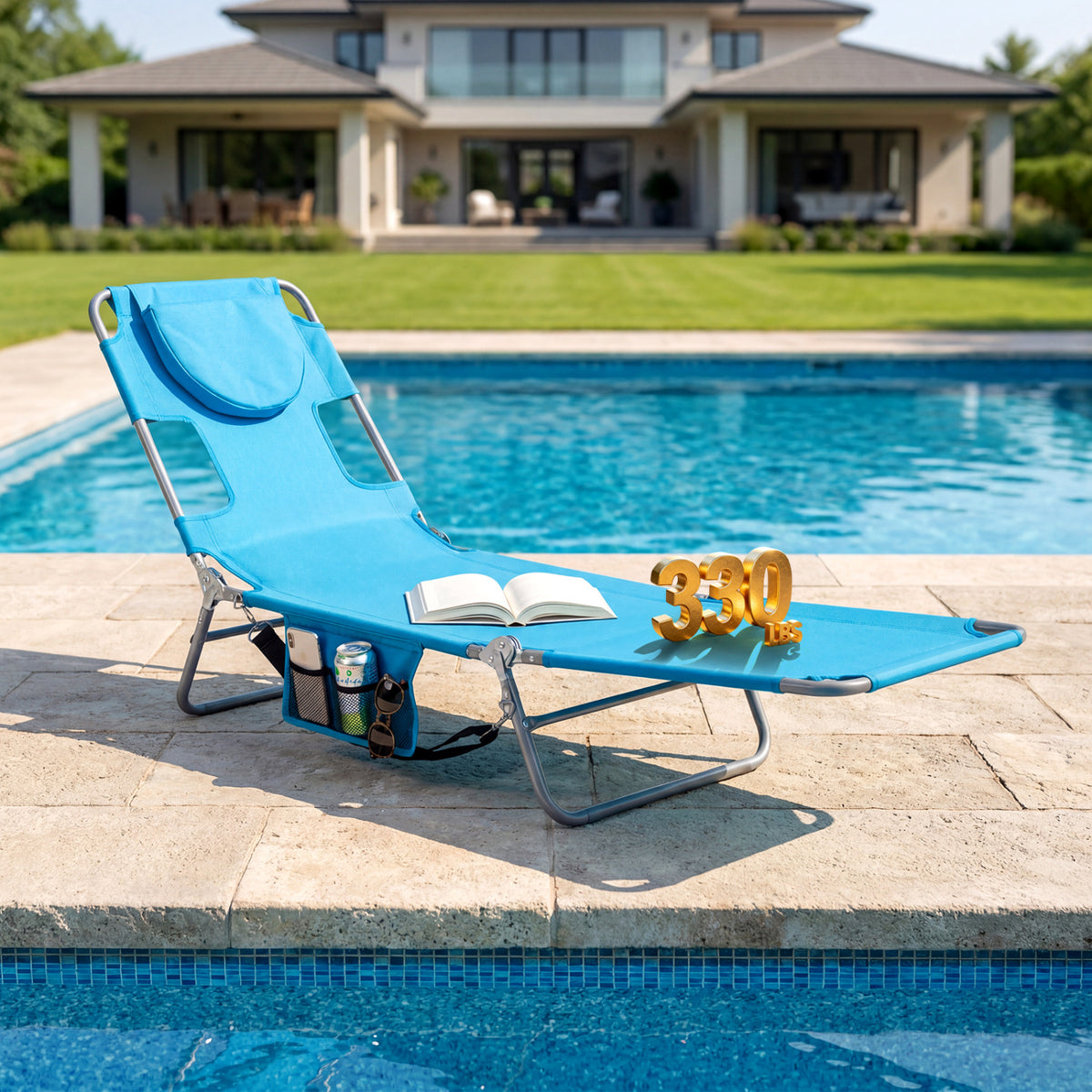 Folding Beach Lounge Chair with Adjustable Backrest for Lawn-Turquoise