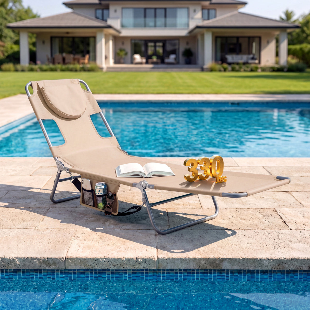 Folding Beach Lounge Chair with Adjustable Backrest for Lawn-Beige